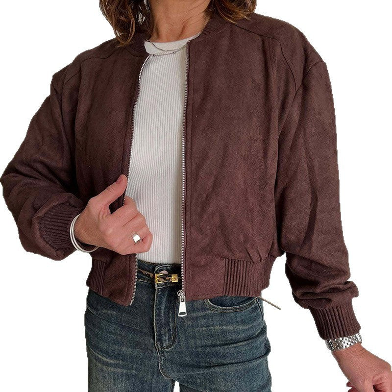 Suede Solid Color Zip Jacket Women's Coat