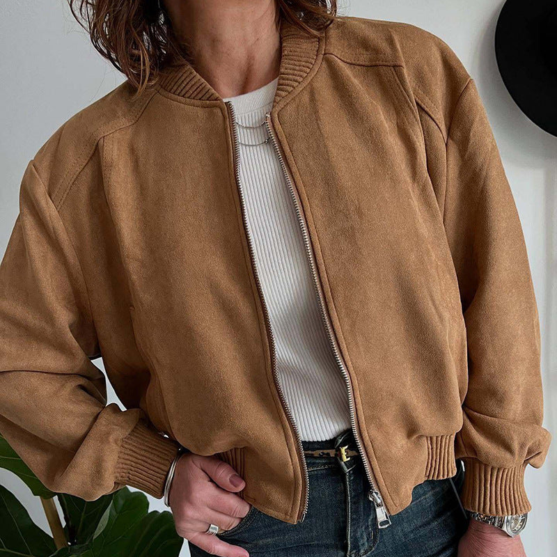 Suede Solid Color Zip Jacket Women's Coat